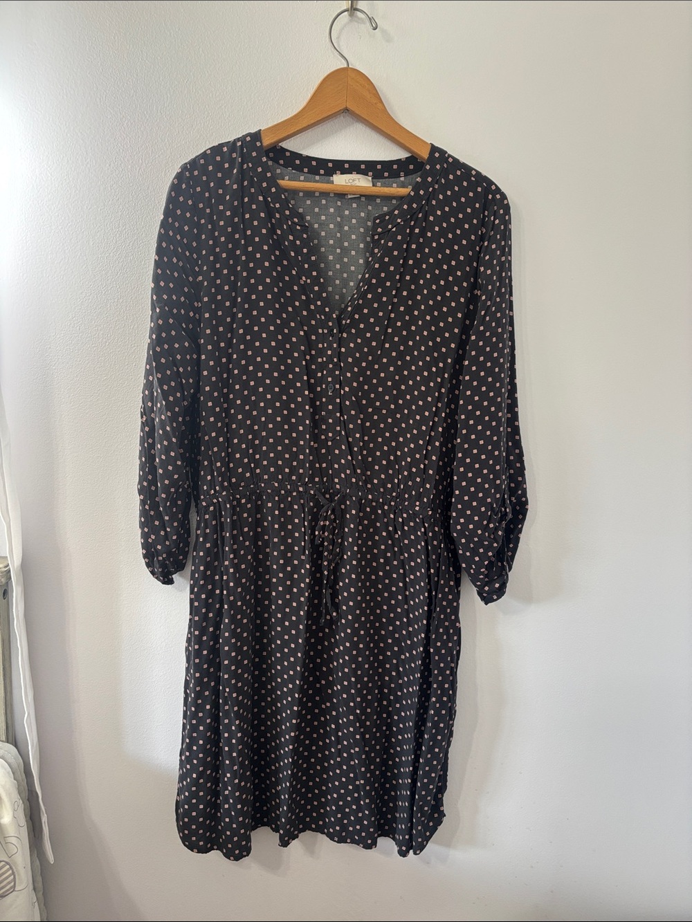 LOFT Black Dress with Square Pink Polka Dots